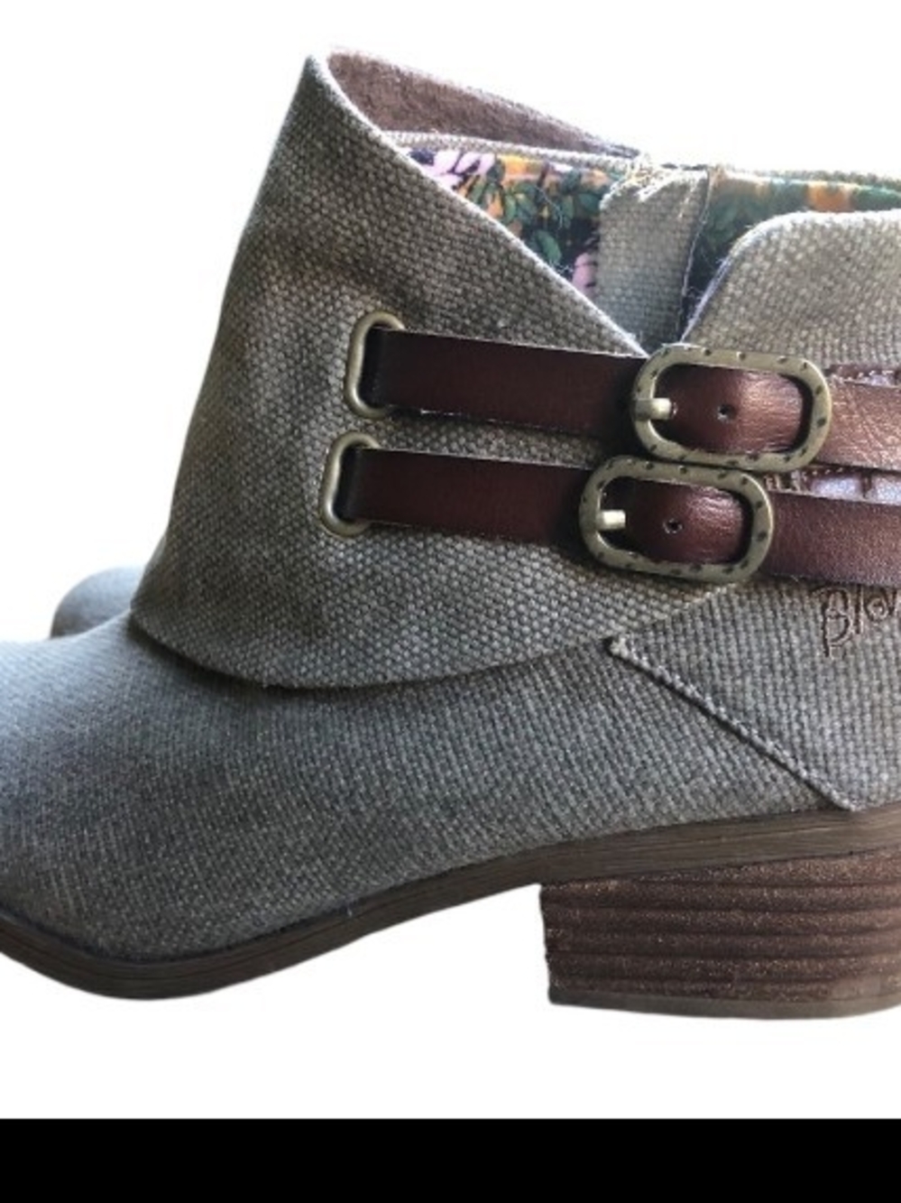 Women's Gray Blowfish Malibu Canvas Ankle Boot with Brown Buckle Straps